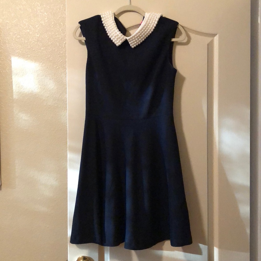 Navy dress with pearl collar
